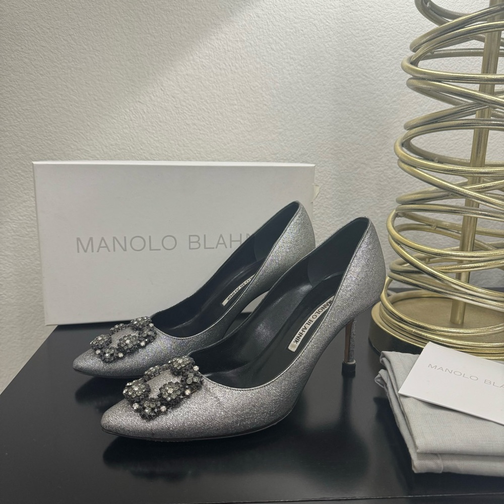 Manolo Blahnik Silver Embellished Pointed-Toe Pumps